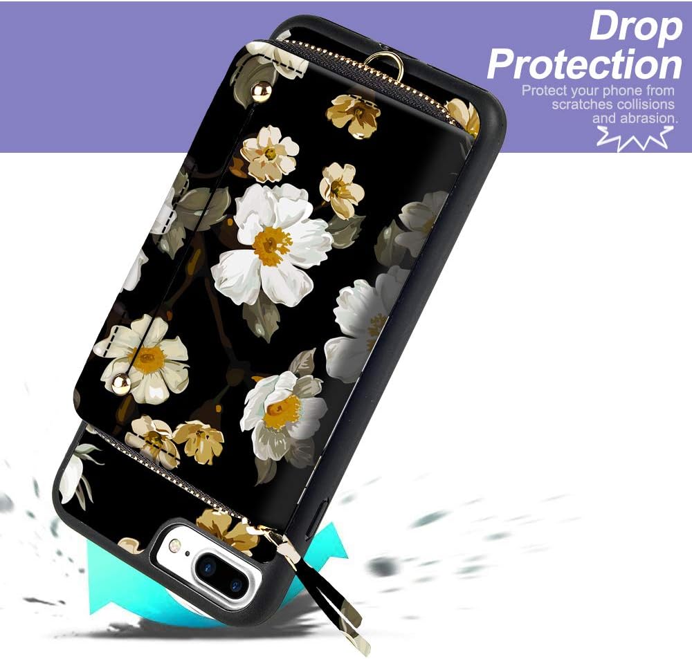 LAMEEKU iPhone 8 Plus Case Sunflower, iPhone 7 Plus Zipper Wallet Case, Floral Pattern Design Leather Case with Card Slot Wrist Strap, Protective Cover for iPhone 7 Plus/8 Plus-Peony Flower