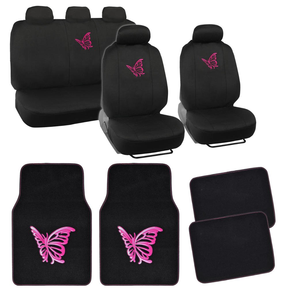BDK 13pc Butterfly Pink Combo Auto Interior Gift Set : Seat Covers and Matching Carpet Floor Mats