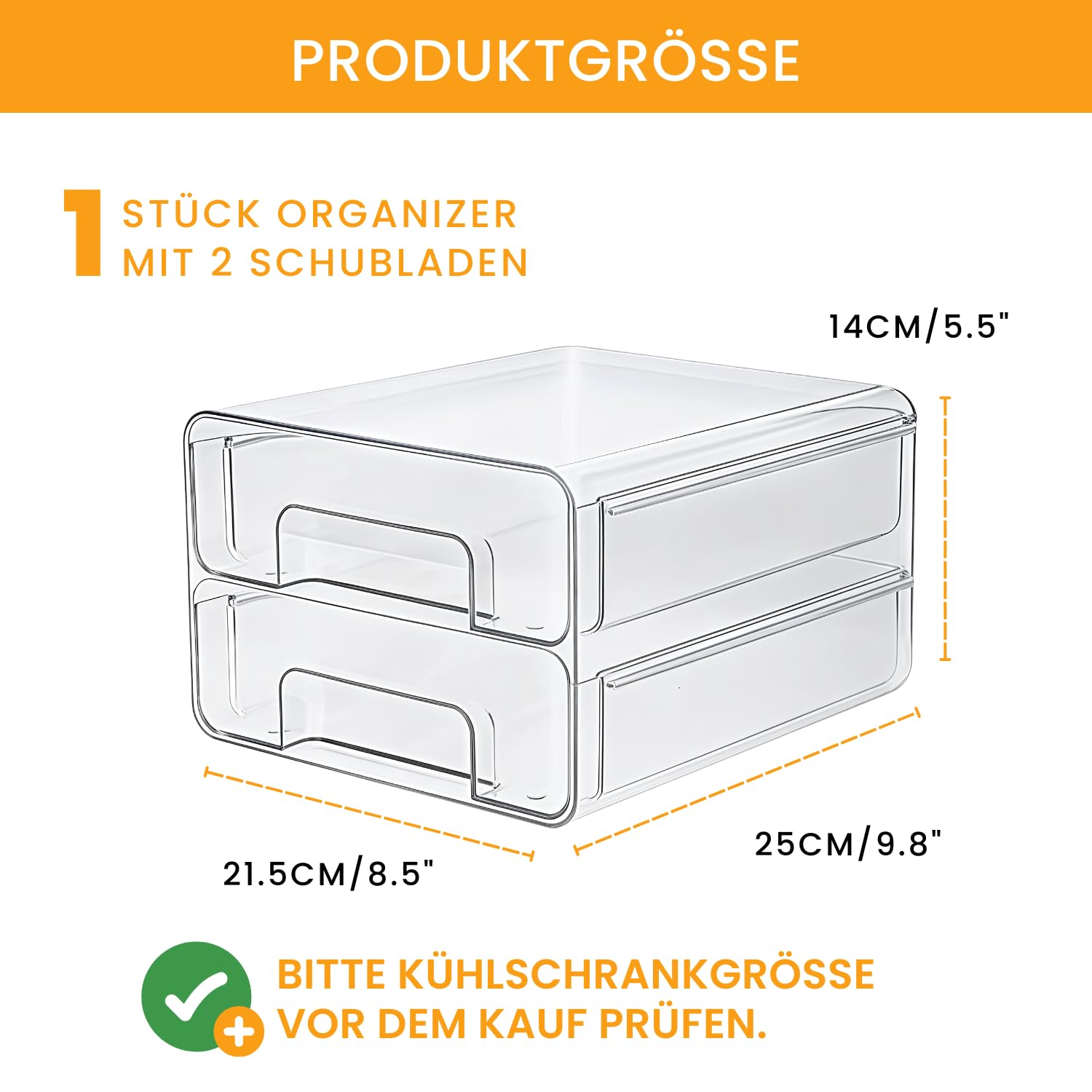 1 Stück Kühlschrank Organizer Schublade Doppelschichtige Stapelbar, Aufbewahrungsbox Kücheorganizer, Speisekammer Vorratsbehälter Durchsichtig Behälter für Kühlschrank, Küchen, Schränke