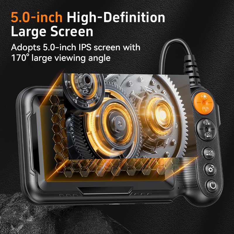 Endoscope Camera with Light, 5-inch Dual Lens 1920P HD Borescope, 7.9mm Camera with 9 LEDs, 16.5ft Semi-Rigid Cable, IP67 Waterproof - for Sewer/Drain Pipe, Automotive Inspection, Tools & Cool Gadgets