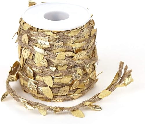 Cinta de hoja de arpillera dorada de 66 pies, cordel de yute natural creativo de 0.197 in con hojas doradas artificiales para decoración de bodas,