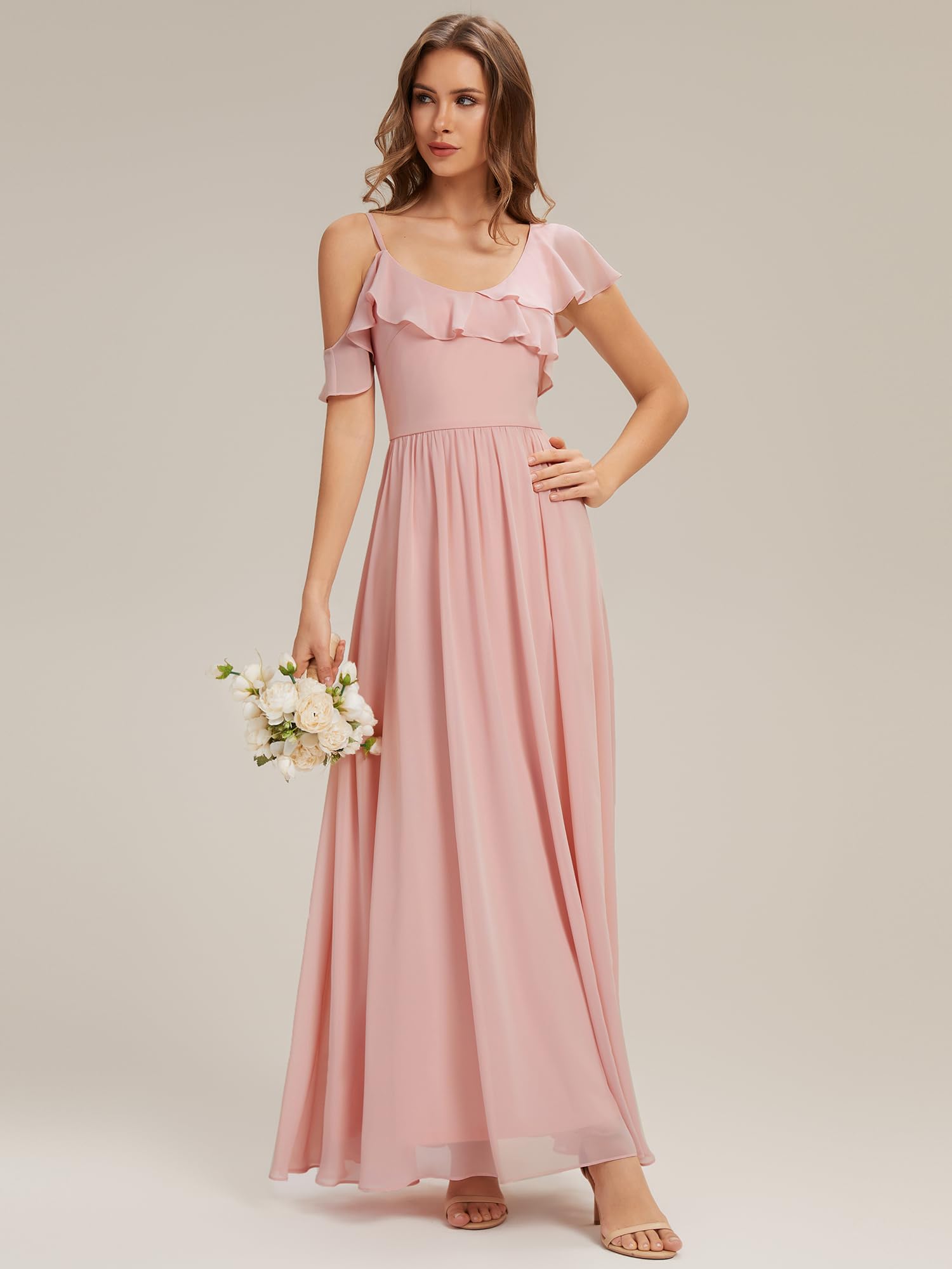 Ever-Pretty Brautjungfernkleider Lang Rüschen Elegant Abendkleide V-Ausschnitt Kurzarm ES02709