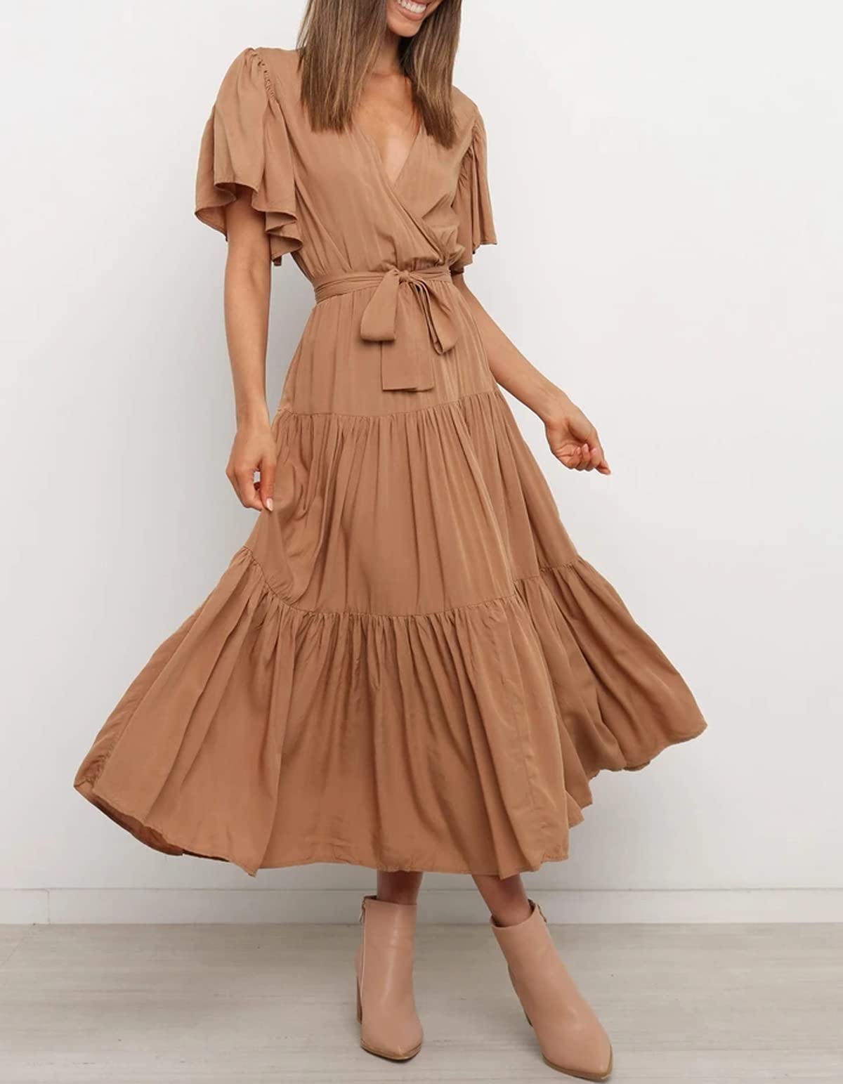 R.Vivimos Summer Dress for Women Cotton Ruffle Short Sleeves V Neck Casual Flowy Midi Dress with Belt