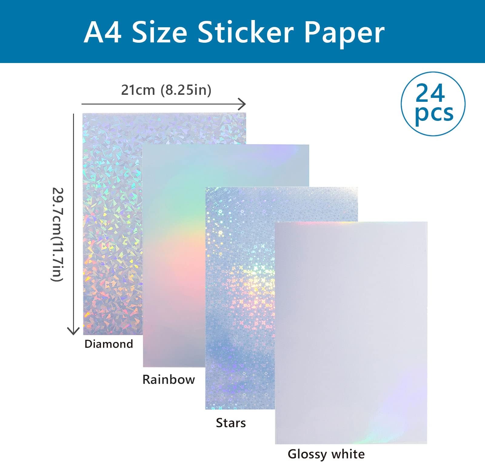 24 Sheets Vinyl Printable Sticker Paper A4 Size (8.25" x 11.7") Holographic Glossy Sticker Paper Self-Adhesive Waterproof Dries Quickly For Inkjet/Laser Printer