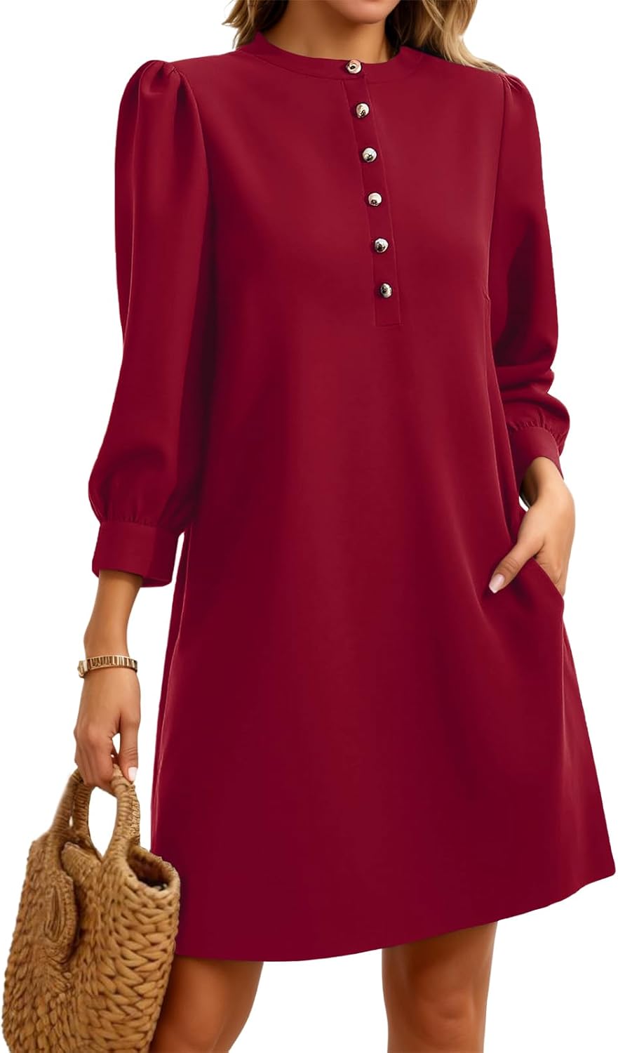 Wenrine Womens 3/4 Puff Sleeve Mini Dress Button Crewneck Elegant Casual Business Shift Dresses 2025