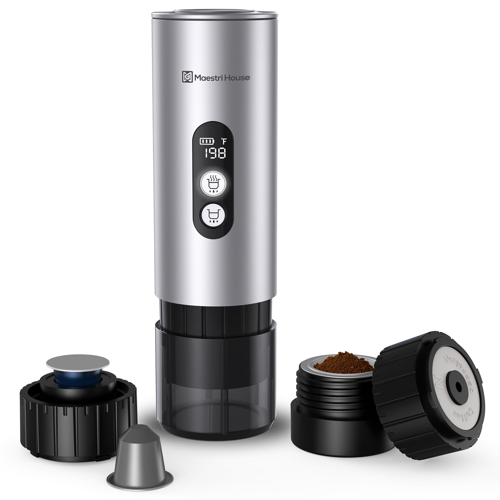 Maestri HousePortable Electric Espresso Machine with 2-3 Min Self-Heating, 150W Travel Espresso Coffee Maker with Small Tea Cup Also Holder for NS Capsule & Ground Coffee for Car Camping, RV, Hiking