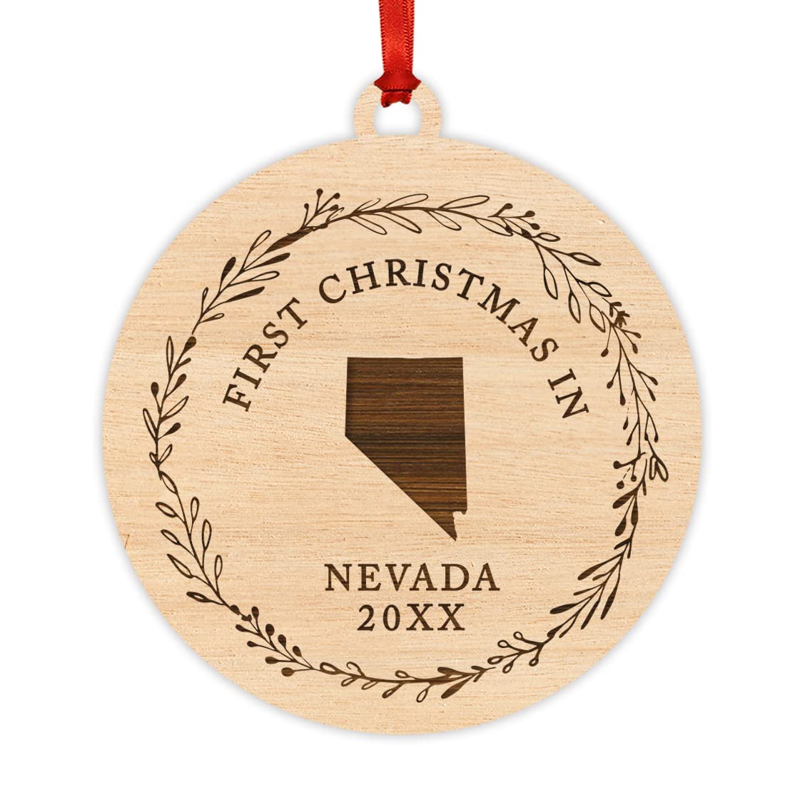 Andaz Press Custom Year Laser Engraved Wood US State Round Christmas Ornament, First Christmas in Nevada 2026, 1-Pack, Includes Ribbon and Gift Bag,