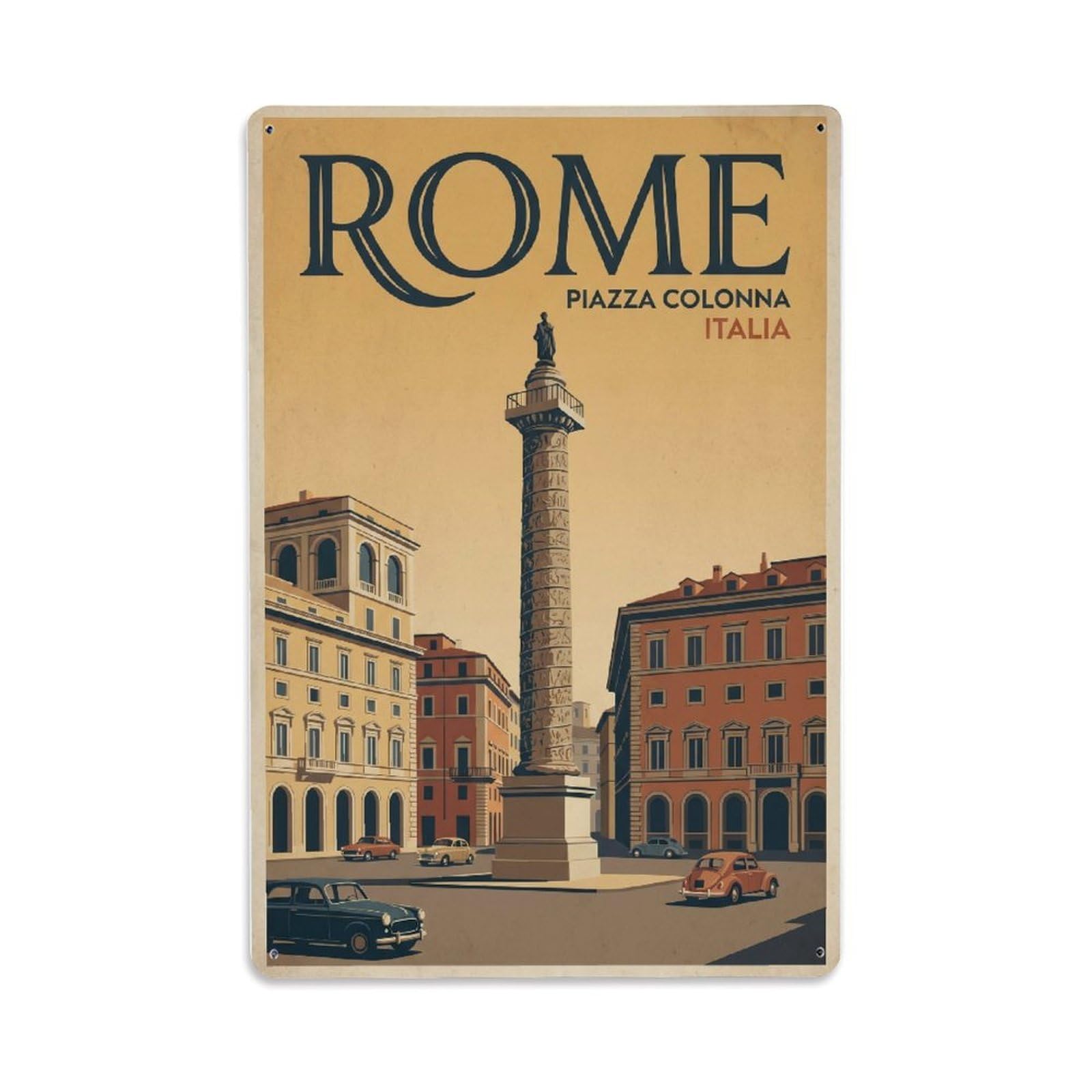 Vintage Travel Rome Piazza Colonna Marcus Aurelius Column Ancient Italy Metal Tin Sign Plaque Wall Decor for Cafe, Club Bar, Office, Home Garden Metal Poster 8x12Inch