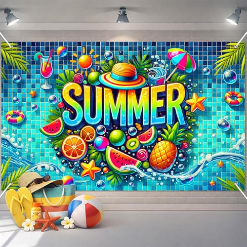 Image of BlissYard Summer Pool Banner 71 x 43 Inch Luau Party Decorations Hawaiian Backdrop Tropical Fruit Beach Party Decorations Photo Booth Wall Decor for Indoor Outdoor Summer Party