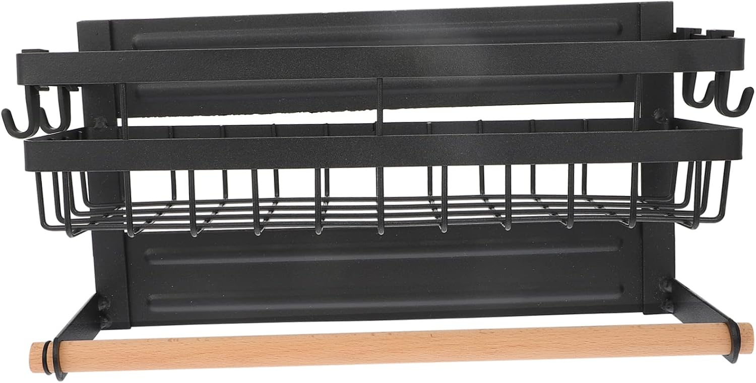 SHOWERORO Magnetic No-Punch Storage -Mounted Organizer for Kitchen Bathroom Easy Installation Capacity with Hooks Modern Black Design