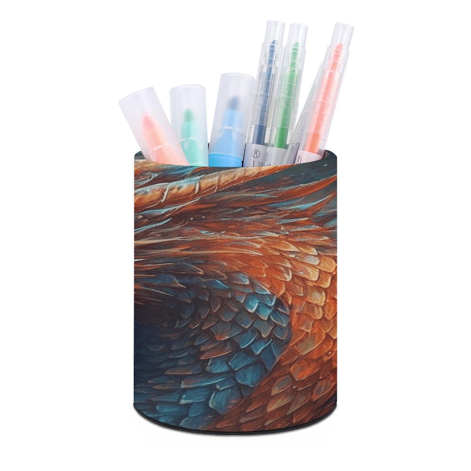 VstaDank Dragon Art Pen Holder PU Leather Pencil Cup Minimalist Desk Pencil Holder Round Make Up Brush Organizers For Office Dorm Room&Vanity Desk Accessories