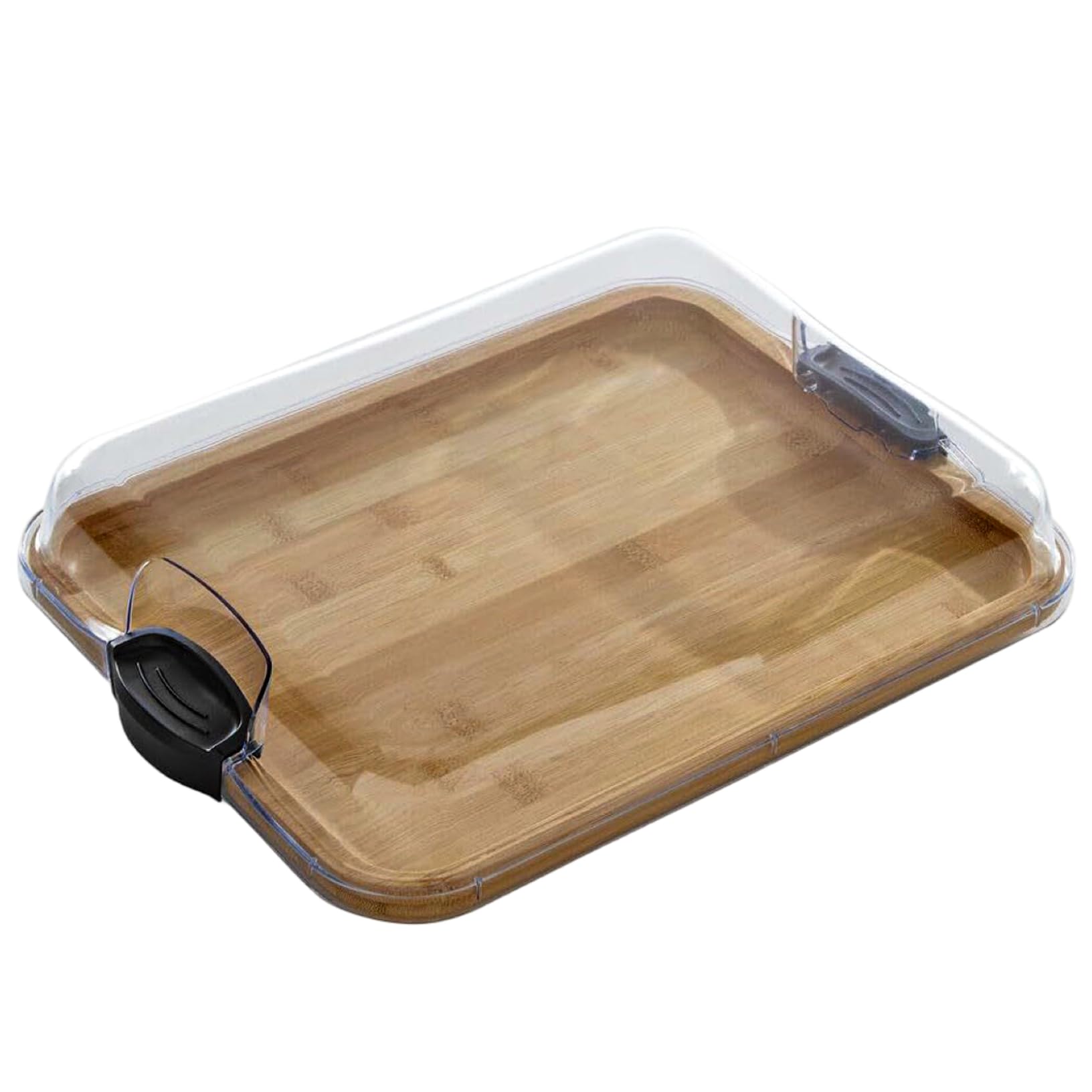 Tablero de charcuterie con tapa, 15x11.3 pulgadas 2 en 1 tablero de corte de bambú con tapa y manijas de bloqueo transparentes, bandeja de madera para bocadillos y queso servidor