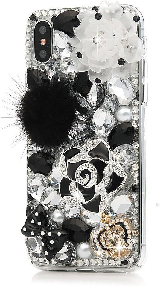 Glitter Design Phone Case Compatible with iPhone SE 2020 - Girls Women 3D Luxury Shiny Bling Handcrafted Cover with Screen Protector, Phone Lanyard - Black Rose Camellia Flower