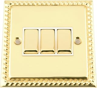 Light Switch 3 Gang - Georgian - Polished Brass - White Insert - Metal Rocker Switch - 3 Gang 2 Way 10 Amp