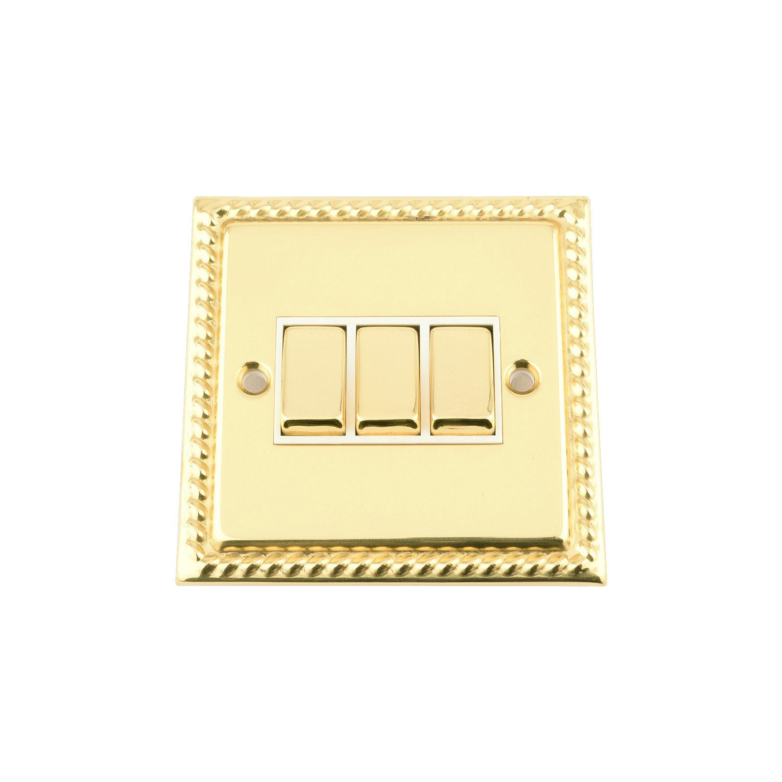 A5 Products Gold Effect Light Switch 3 Gang - Georgian - Polished Brass - White Insert - Metal Rocker Switch - 3 Gang 2 Way 10 Amp
