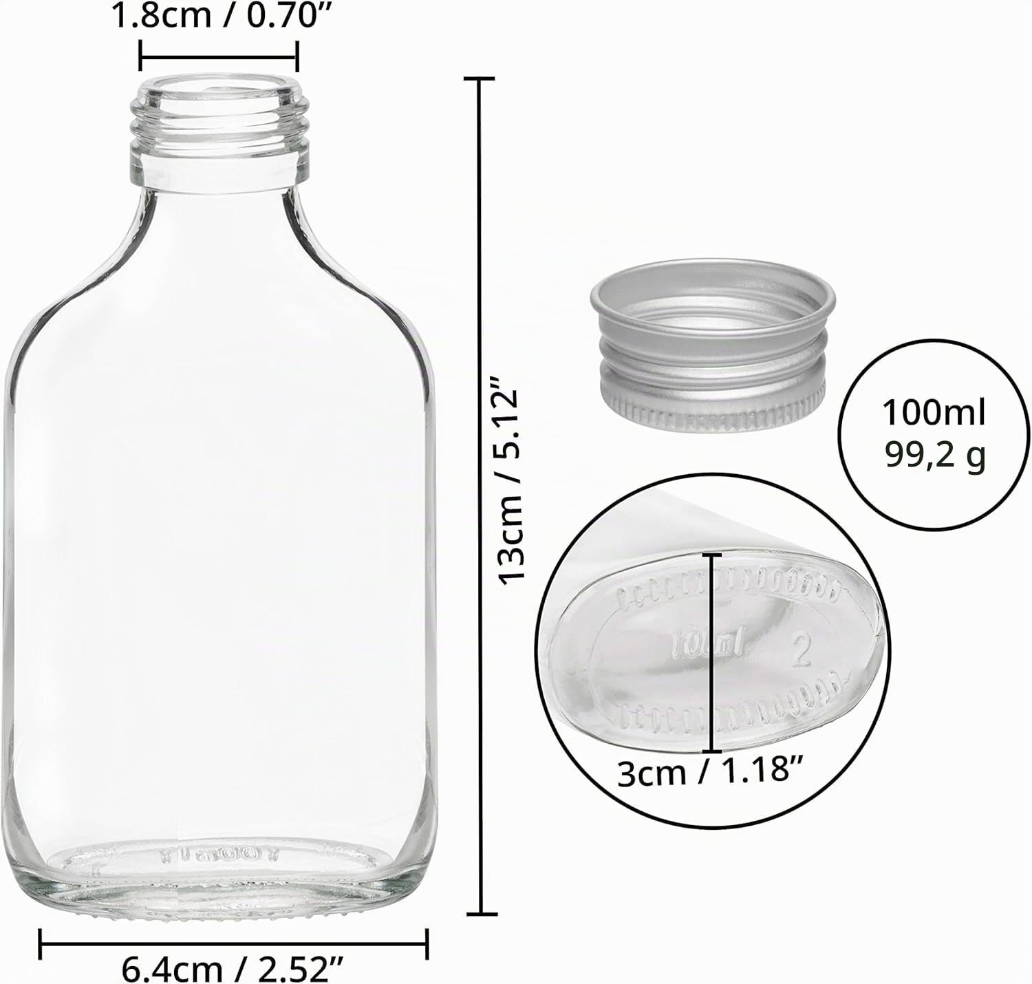 Lote de 50 botellas de vidrio de 100 ml, frascos de bolsillo, botellas para licores, degustaciones o muestras de productos
