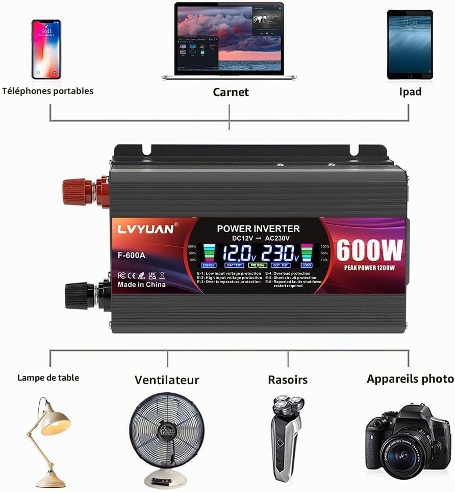 LVYUAN F-600A Power Inverter with connected devices