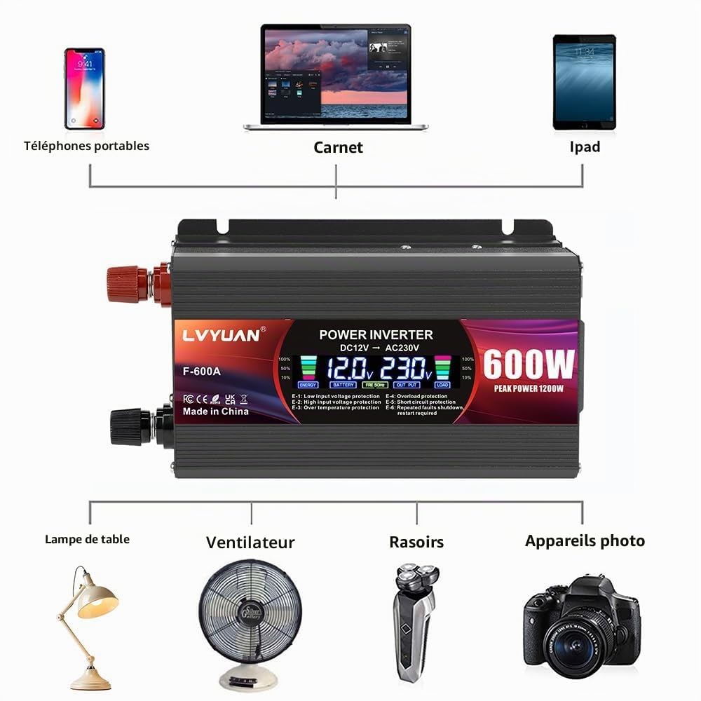 LVYUAN 600W/ 1200W Convertisseur de Tension CC 12 V à CA 220 V | 1 prise CA et 2 ports USB Convertisseur de courant Onduleur pour voiture, camping-car, camion