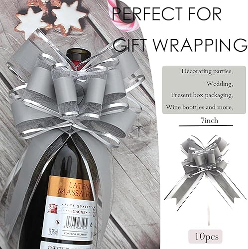 Miniatura 3 de Lazos para envolver regalos, 10 lazos de regalo grandes para paquete de regalos, cestas de regalo, Navidad, decoración de bodas y fiestas (gris)
