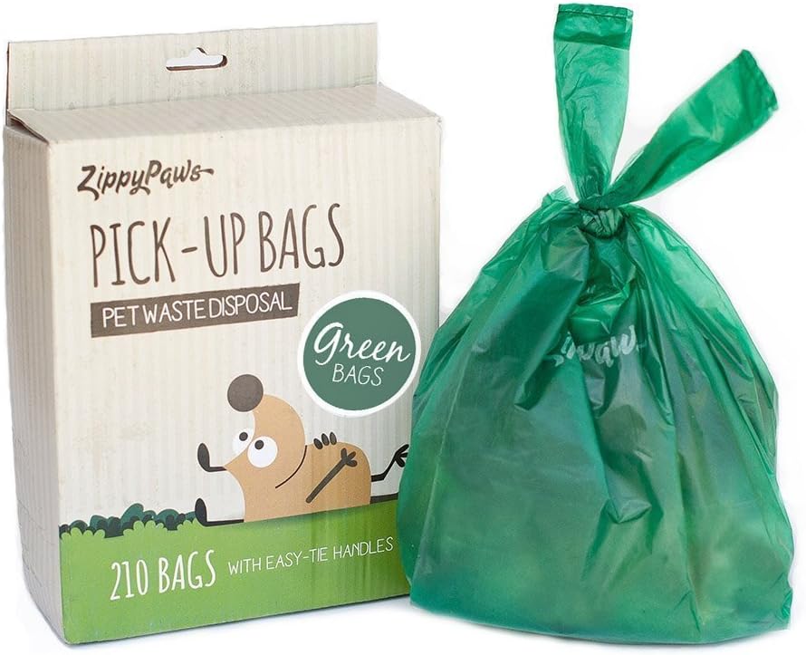 ZippyPaws - Dog Poop Pick-Up Bags, Large Strong Waste Bags with Easy-Tie Handles, Measures 14.5 Inch by 5.5 Inch - Green, 210 Count (2 Pack)