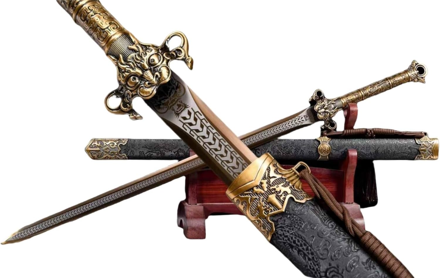 LOONGSWORD Hand-Forged Chinese Ring-Pommel Sword | High Manganese Steel Blade with Golden Etching | Black Dragon Pattern Scabbard | Traditional Martial Arts Practice, Display, and Gift