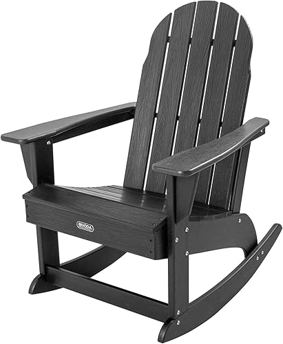 Miniatura 8 de BIVODA Silla mecedora Adorondack hecha de HDPE para exteriores diseño de grano de madera de primera calidad muebles medio montados color negro