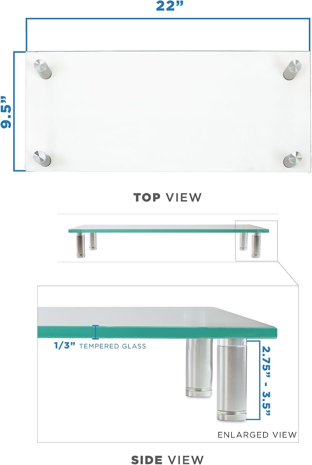 Mount-It! Clear Glass Monitor Stand Computer Desktop Riser, Tempered Glass, Fits 24, 27, 30, 32 Inch Screens, 66 Lbs Capacity (MI-7260) (22" X 9.5")
