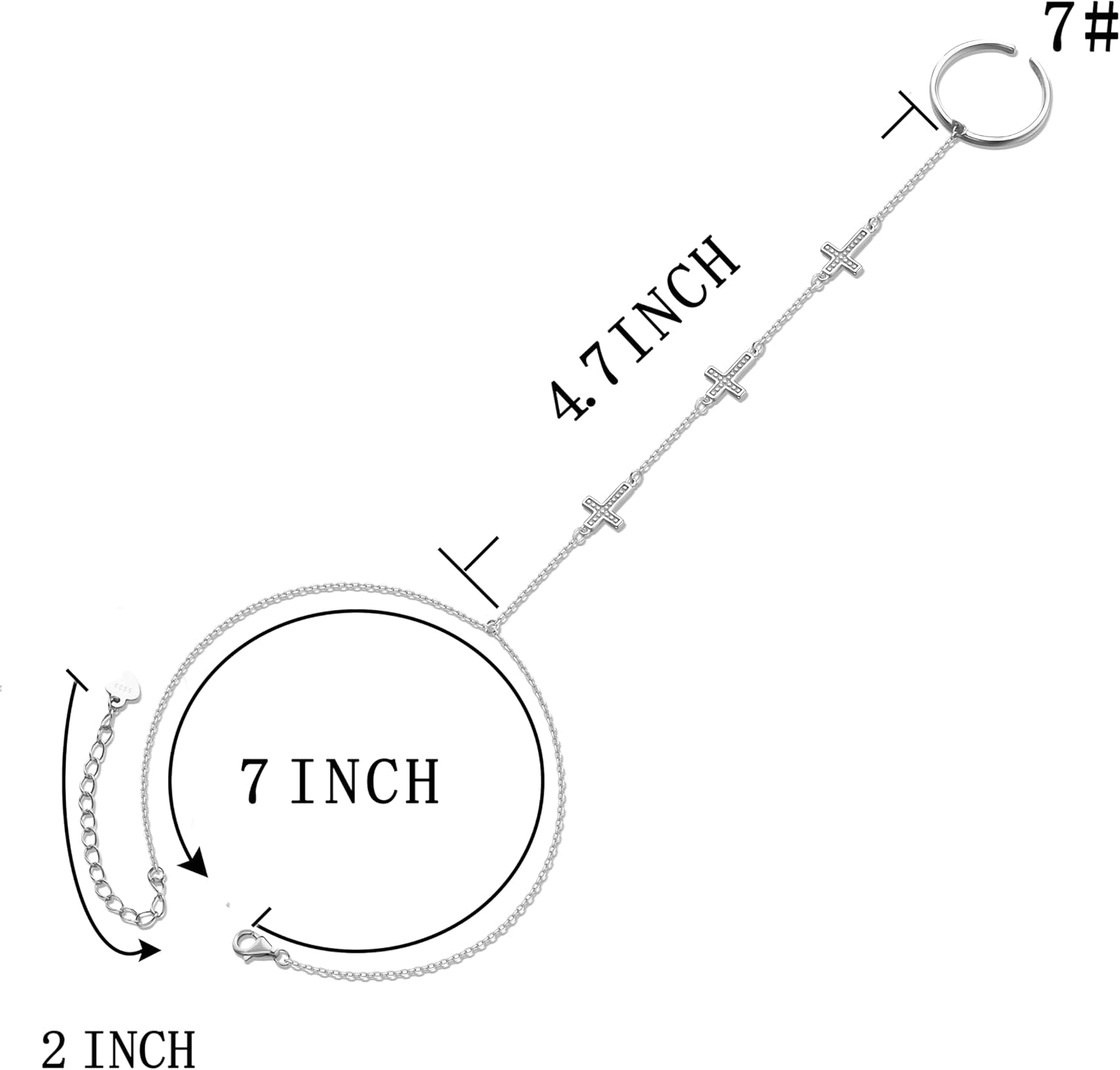 S925 Sterling Silver Finger Ring Cross Eye Bead Bracelet Hand Adjustable Attached Chain Set for Women Jewelry - Image 6