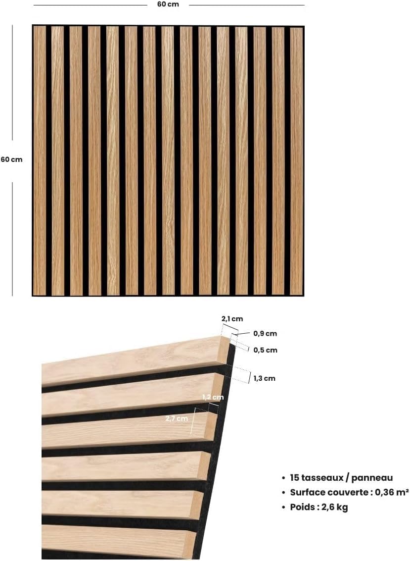 WEB2O Lot de 8 Panneaux décoratif accoustique tasseaux bois Colva 60x60 cm - Effet chêne clair