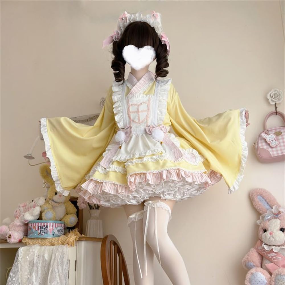 メイド服 地雷系 レディース 4点セット 和風 コスチューム シャツ レース フリル パフスリーブ 仮装 ふわ 【エンジエル】