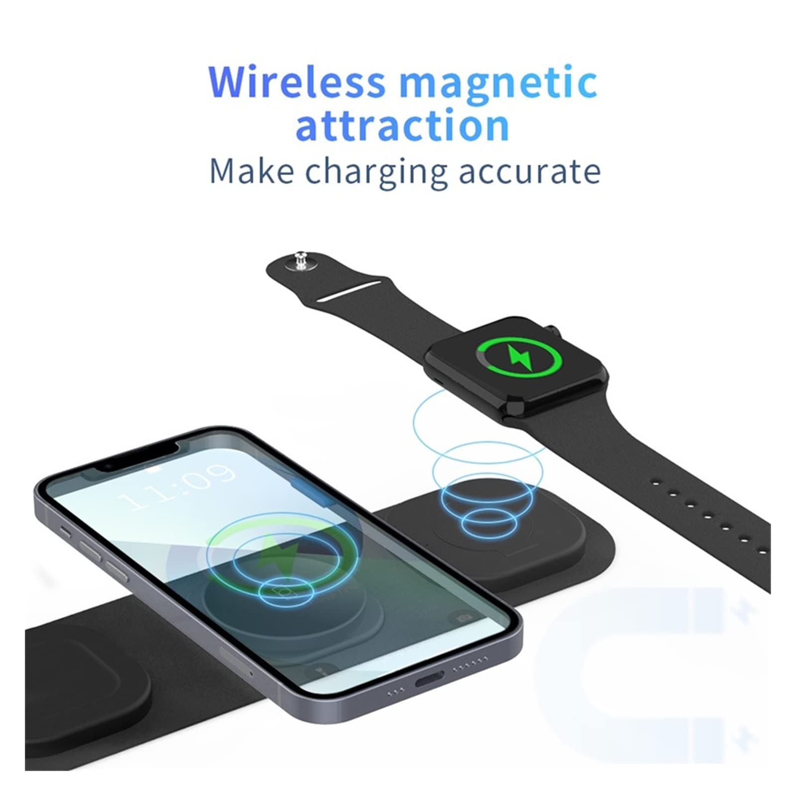 Chargeur sans Fil 3 en 1 Support de Chargeur sans Fil 30W Station de Chargement Rapide magnétique for écouteur de Montre de téléphone(with Plug)