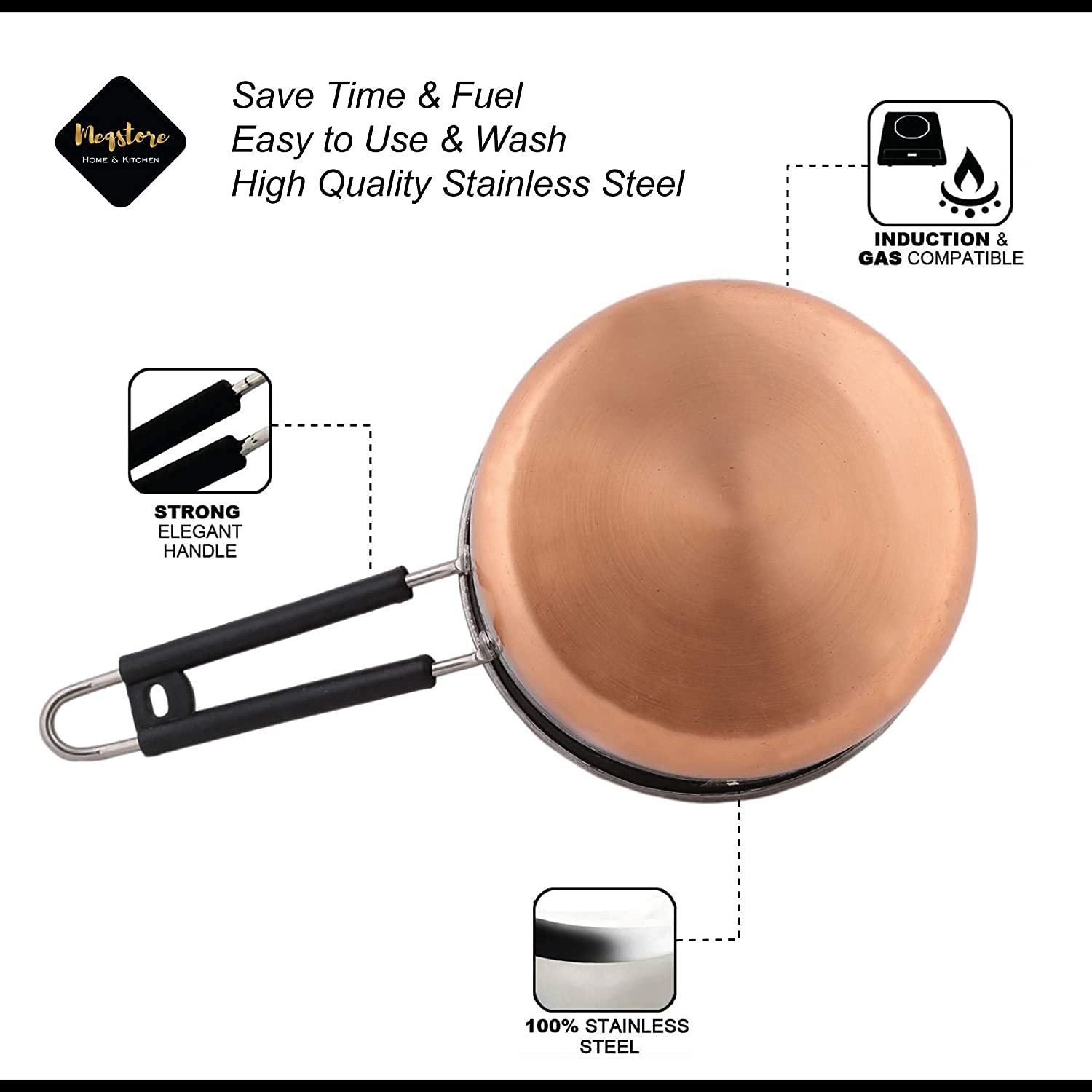 SVS ONLINE Stainless Steel Copper Bottom Sauce Pan, Flat Base, Tea Pan, Milk Pan, Tapeli Patila, Sauce Pot Cookware with Handle (1000ML) 3