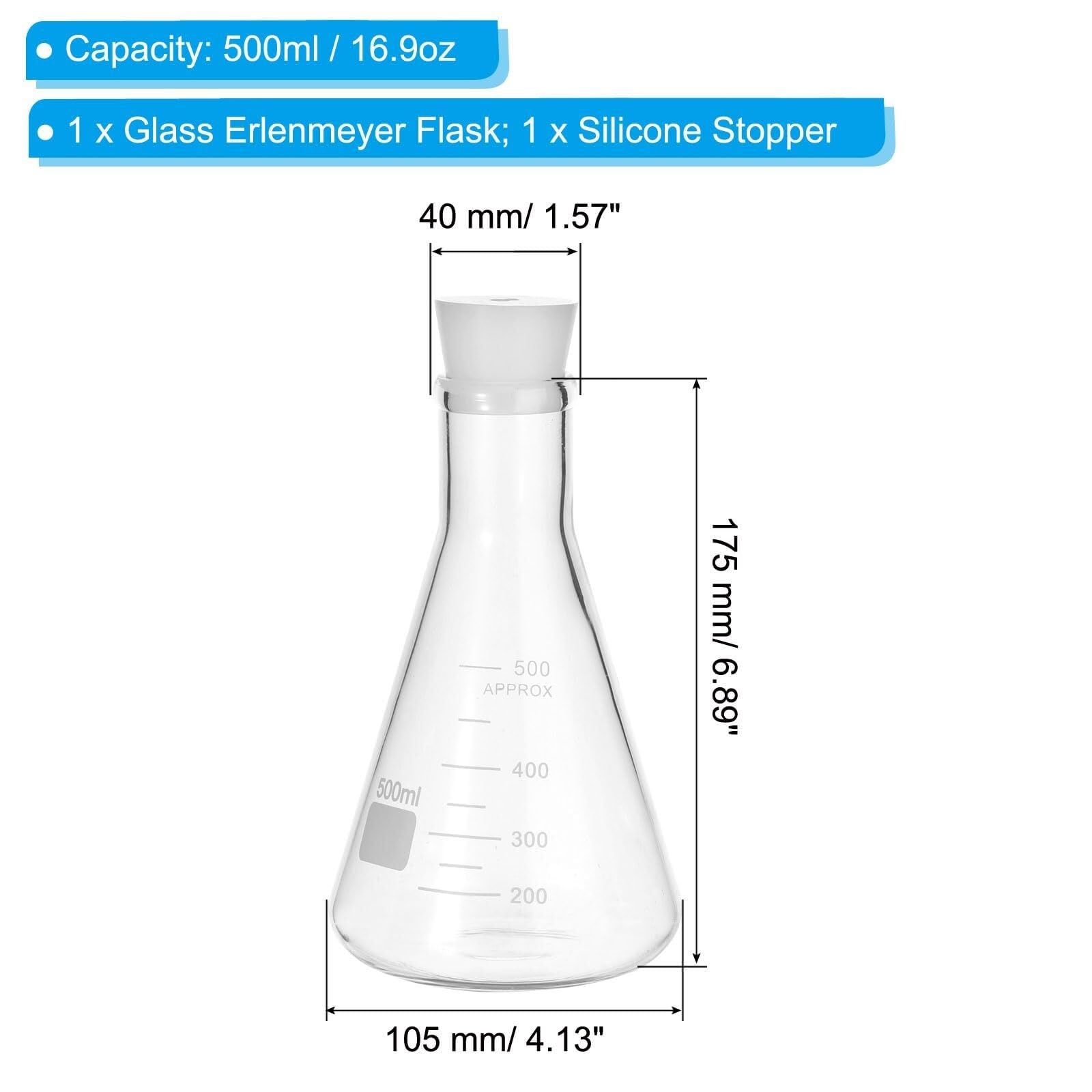 Set de Matraces de Erlenmeyer, 2 x 250ml de Boca Estrecha con Graduaciones y Tapón de Silicona para Laboratorio(1pcs,500ml/16.9oz)