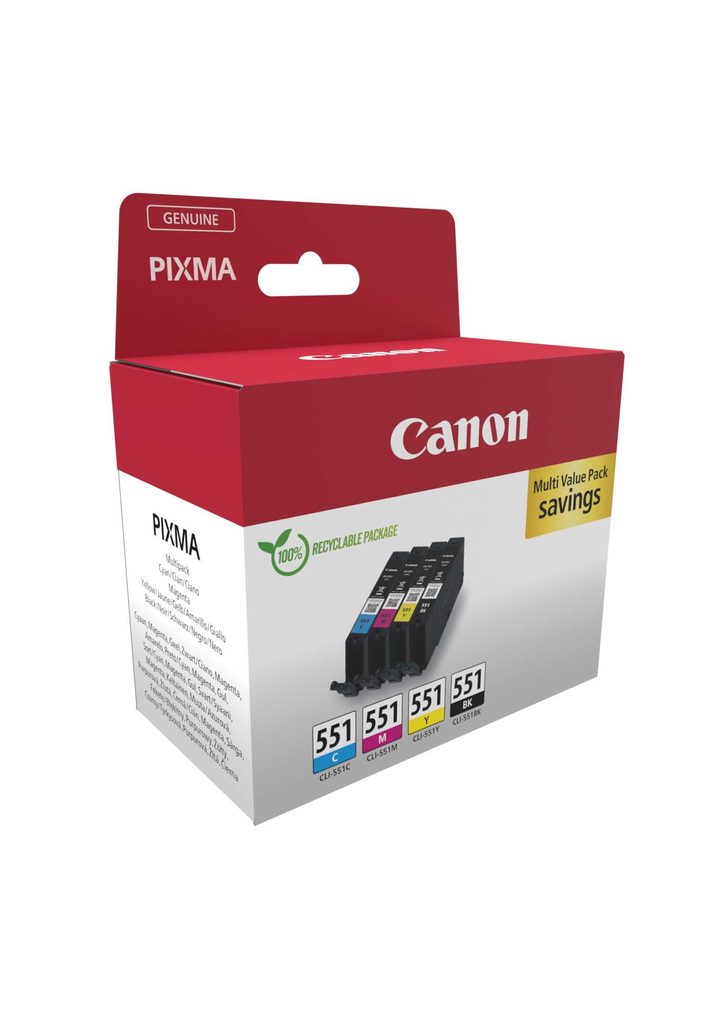 Canon CLI-551 C M Y BK Confezione da 4 Cartucce d'inchiostro (Nero Ciano Magenta Giallo) Originale, Cartone Riciclabile 2024