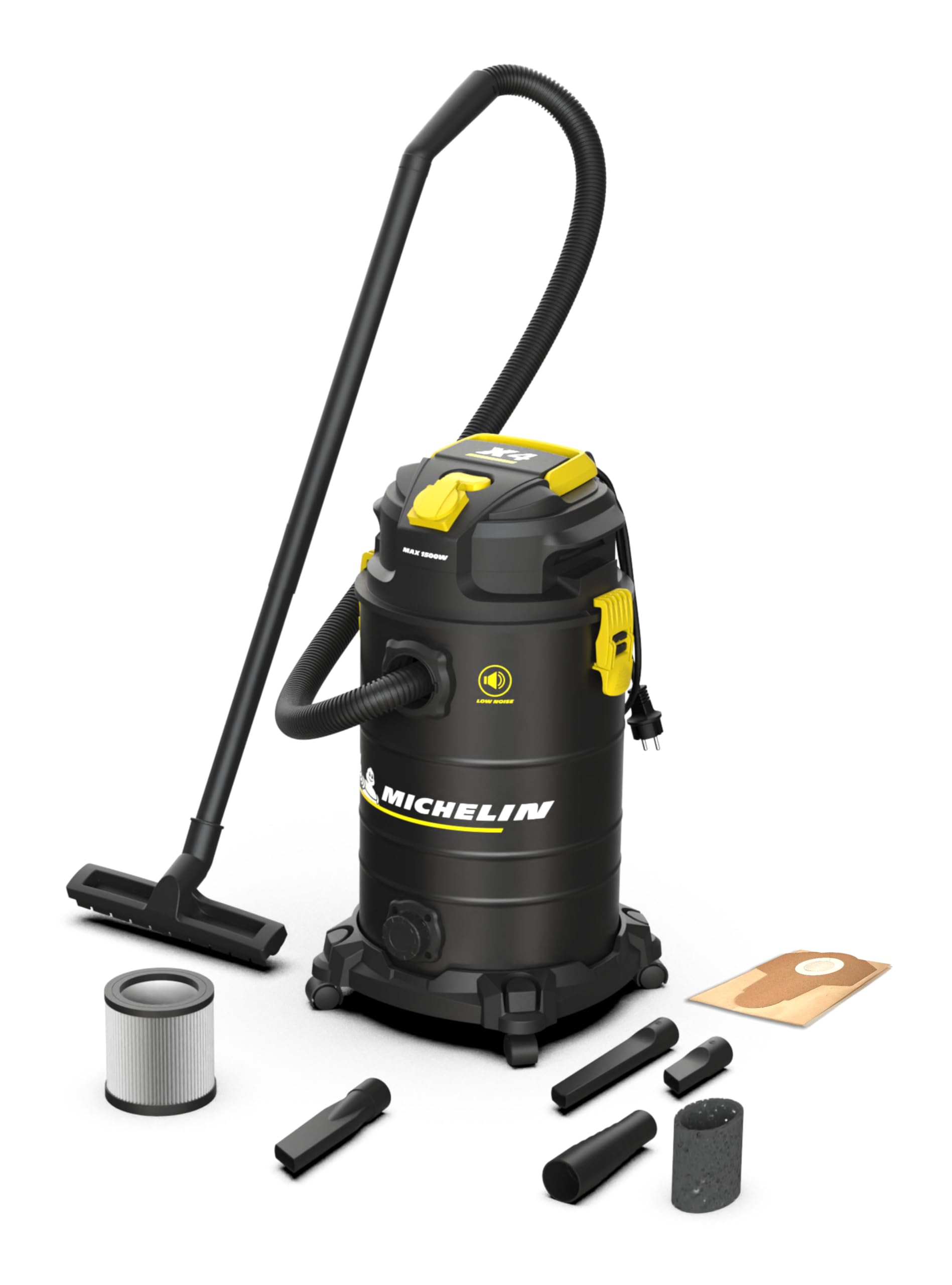MICHELIN, Aspiratore Solidi e Liquidi, X4 30L S, Gamma SILENZIOSA, Serbatoio in Acciaio da 30 L, con Presa Elettroutensili, 1000 W, Completo di Accessori, Funzione di Soffiaggio, 19 kPa