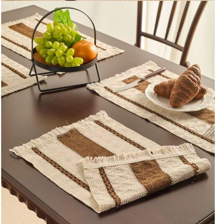 Image of HomeCloud Croshia Woven Table placemat - Heat Resistant, Washable Table Decoration for Dining, Office, Kitchen, Hotel, and Home (Rec White Beige, Set of 6)