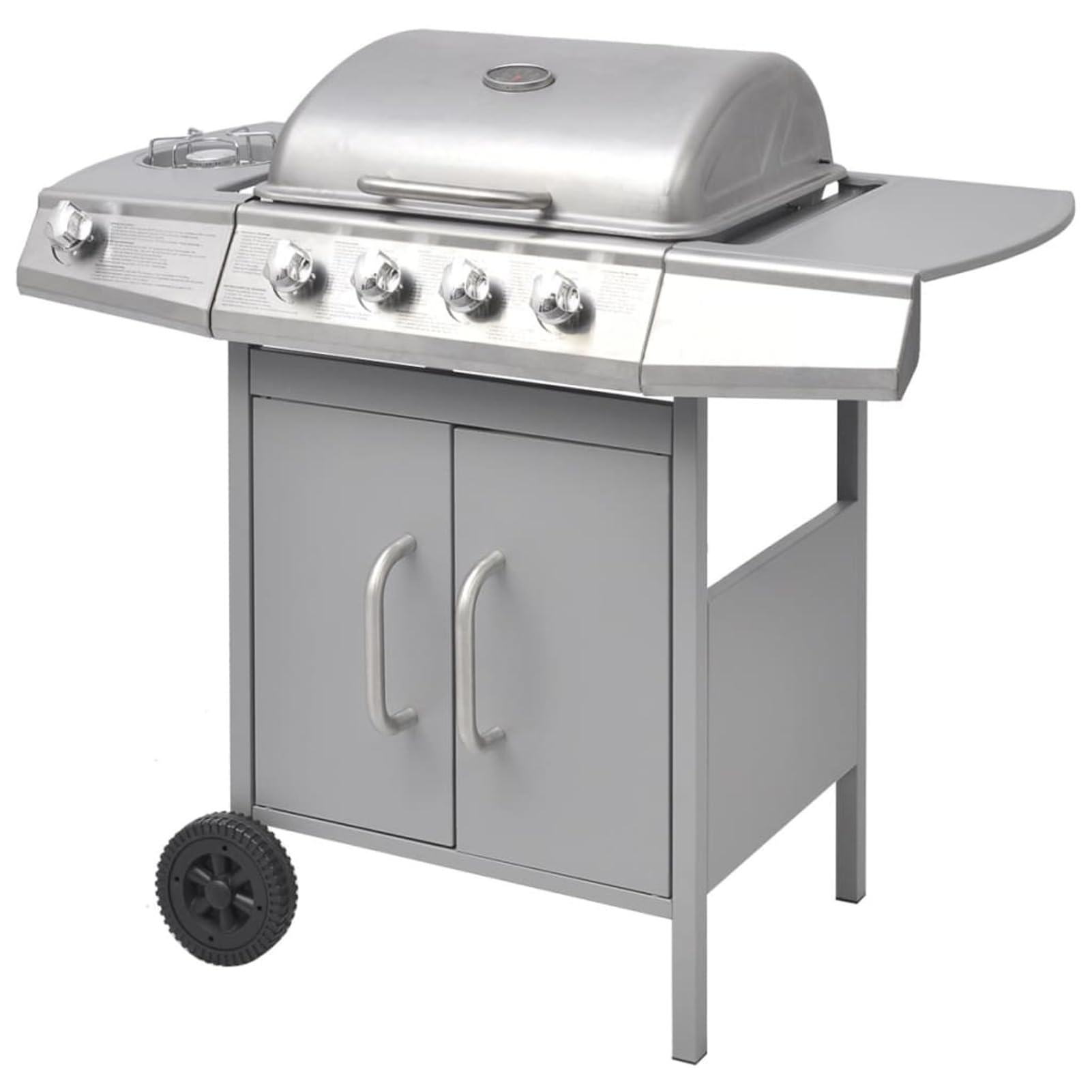 IKAYAA Barbecue e Griglia a Gas 4+1Barbecue a Gas con 4 Fuochi Multifunzione Completo di Bruciatore Laterale Coperchio, Termometro, Griglia in Ghisa, Ruote E Struttura-Argento-Tipo 1