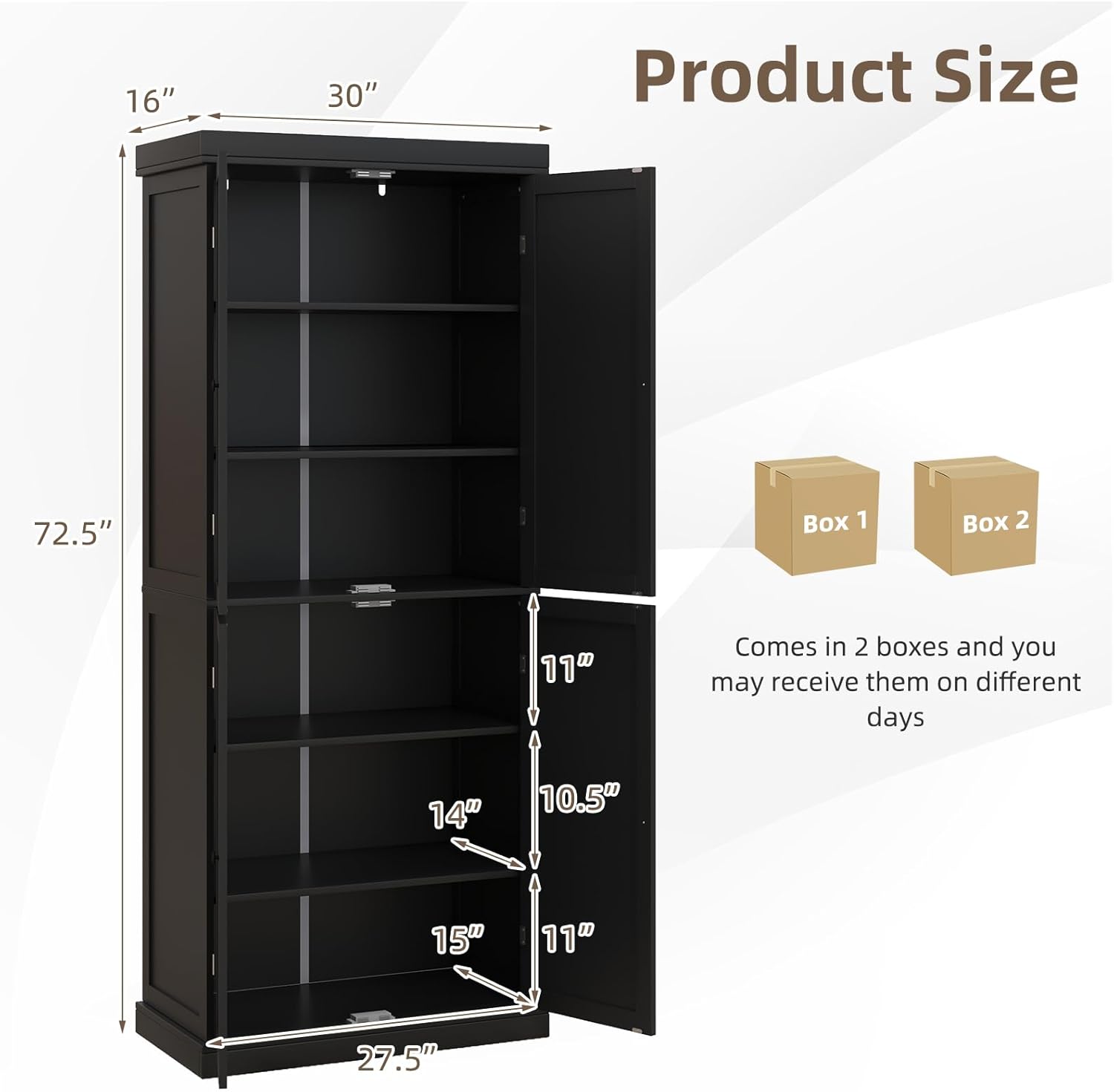 LOKO 4 Door Kitchen Pantry Cabinet, Freestanding Storage Cabinet with Adjustable Shelve, 72.5” Tall Buffet Cabinet for Dining Room, Living Room, Laundry, Home Office (Black)