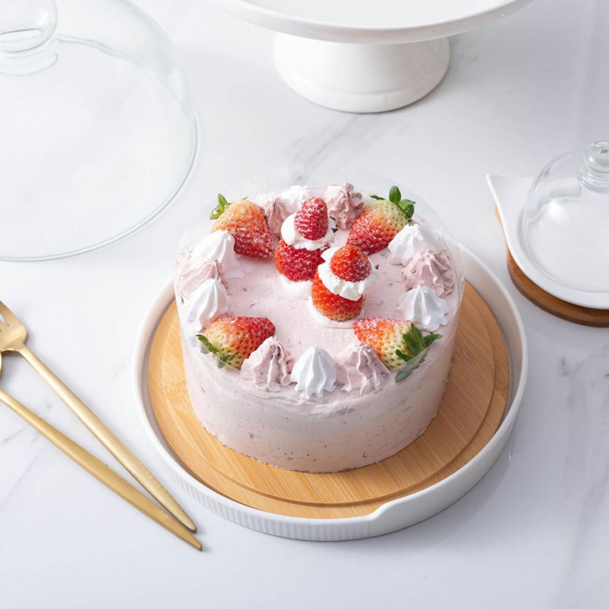 Didiseaon Plateau à Gâteau avec Couvercle en Verre, Bois et Céramique, Robuste avec Poignée, Style Élégant et Forme Simple pour Présentation et Service à Domicile