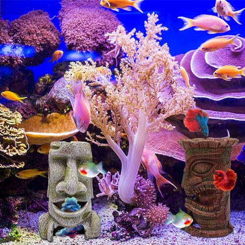 Image of 2pcs Moai Aquarium Decorations Tiki Fish Tank Hideout Shelter Easter Island Statue Cave Antique Decor for Betta Shrimp Cichlid Hiding Aquarium Ornament