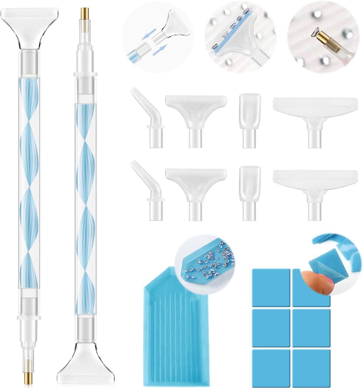 Rhinestone Picker Tool Kit: 2Pcs Rhinestone Picker Handle, Dual-Ended Rhinestones Applicator Dotting Tools Pen with 12 Upgraded Plastic Replacement Tips, Clay for DIY Nail Art Craft (Blue)