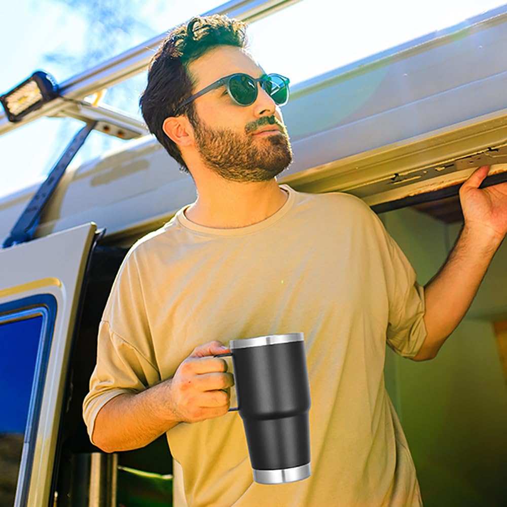 VEGOND Kubek 590 ml z uchwytem pokrywką i słomką, izolowany kubek podróżny ze stali nierdzewnej odporny na zalanie podwójna ścianka metalowy kubek utrzymuje napój gorący i zimny, czarny