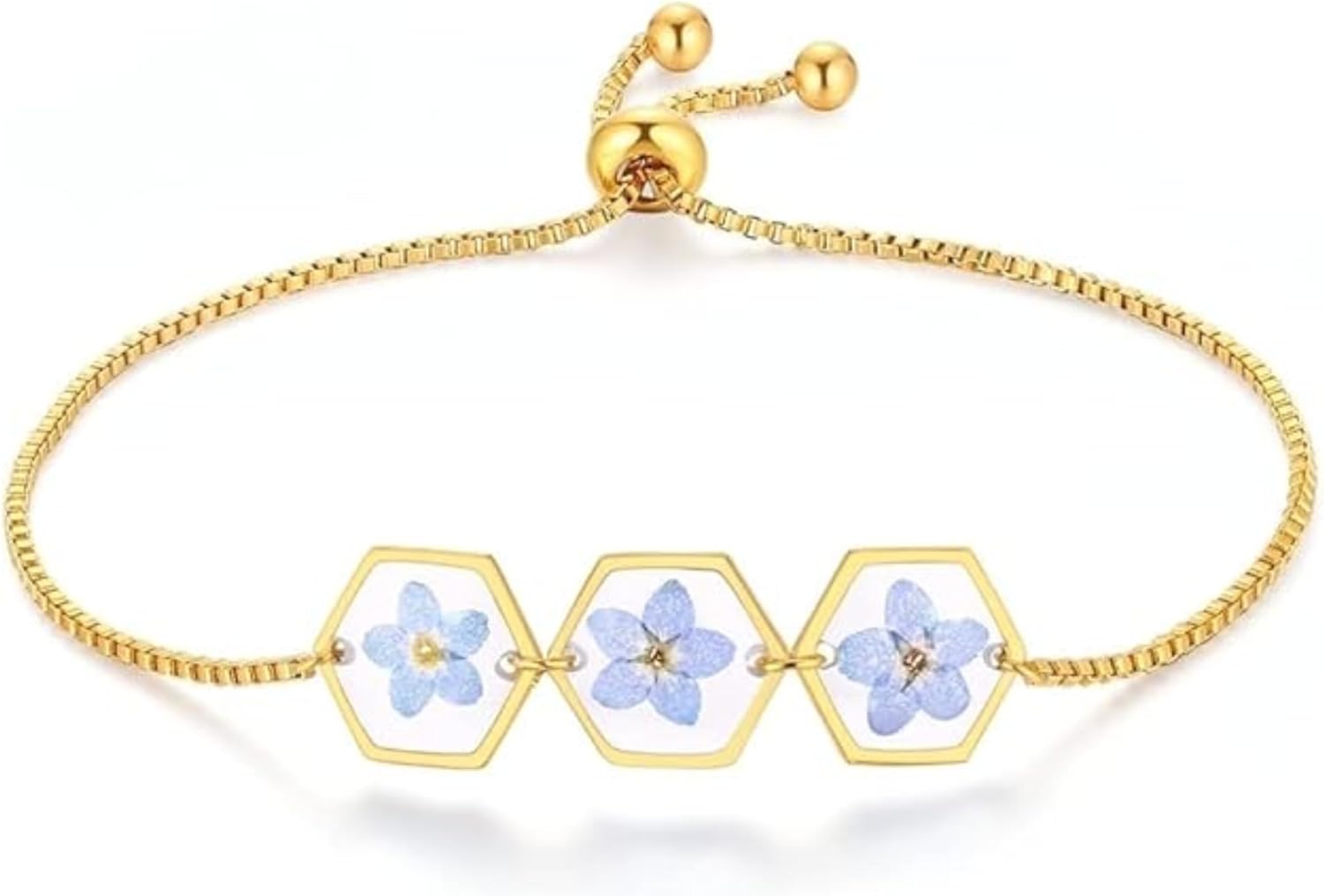 Solza Pressed Flower Bracelet for Women – 316 Stainless Steel Chain with Real Dried Flowers, Adjustable Non-Tarnish Jewelry Bracelet, Durable Gold-Tone Design for Everyday and Special Occasions