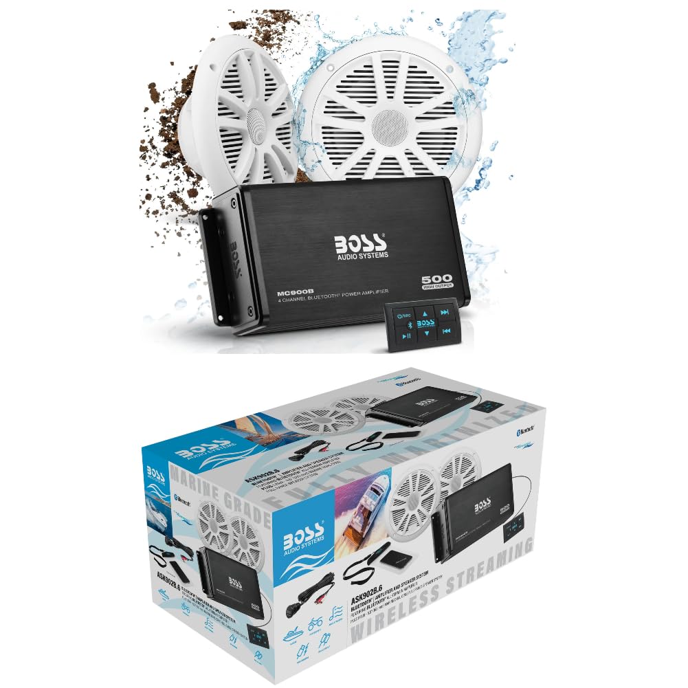KIT Set pour Boss Audio Systems ASK902B.6 kit Marin avec amplificateur Bluetooth MC900B 4 canaux, Paire d'enceintes MR6W 90 Watts rms 180 Watts Max, Un étui pour Smartphone, 1 kit + Accessoires