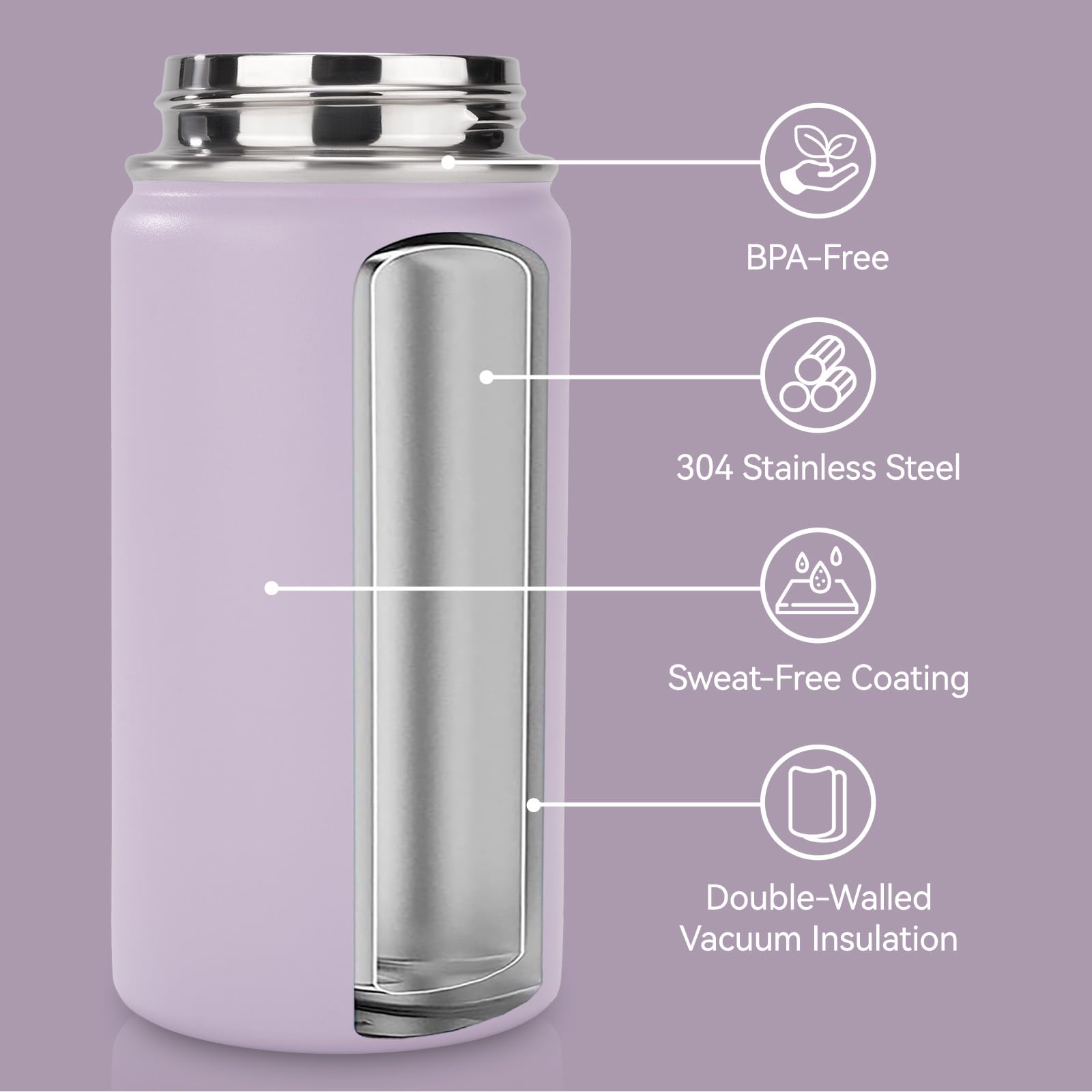 Fijinhom Toddler Water Bottle, 12 oz Kids Vacuum Insulated Thermos for School With Straws Lids, 304 Stainless Steel, BPA-Free, Lilac