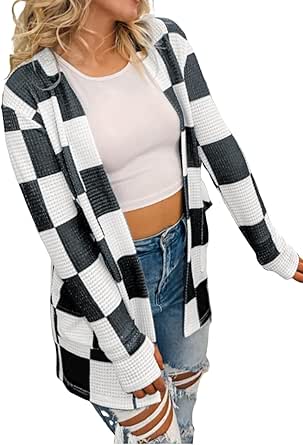 Black Checkered Waffle Knit Thumbhole Open Front Cardigan main image 1
