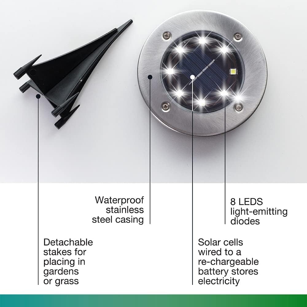 Bell+Howell Luces de disco giratorias, alimentadas por energía solar, 8 LED, iluminación plana y de paisaje para exteriores, patio, jardín y césped, inalámbricas, fácil instalación, estacas incluidas