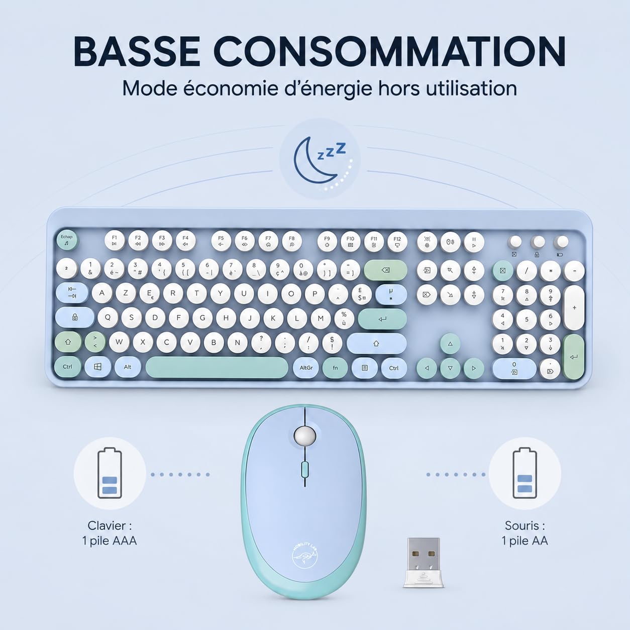 Mobility Lab – Combo Clavier + Souris sans Fil Pure Color – FR AZERTY, Touches Plates et sensibles, Design Compact, Raccourcis, Pavé numérique, Compatibilité Windows