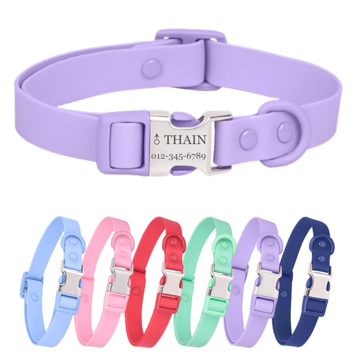 THAIN Personalised Waterproof Dog Collar with Name Plate,Custom Easy Clean PVC Dog Collar with Engraved Buckle ID Name and Number for small medium large dogs (Purple, L)