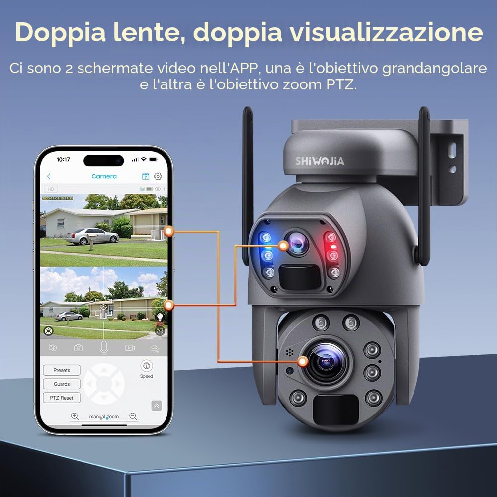 SHIWOJIA Camera doppia lente esterna solare 4g, zoom 20x, 2K 6MP Camera esterna senza fili solare, visione notturna colore, rilevamento umano PIR, IP66